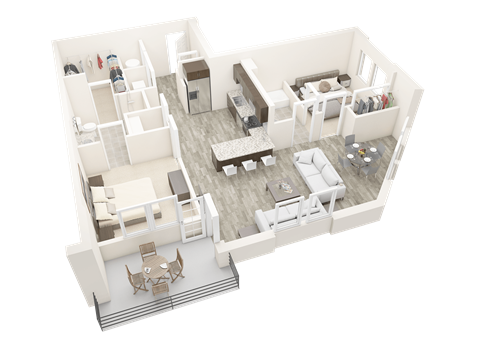 a 3d floor plan of a living room and dining room